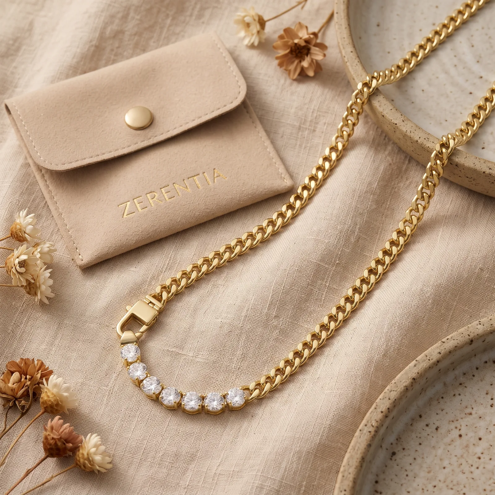 Aurora Lumi Necklace laid flat next to a jewelry pouch